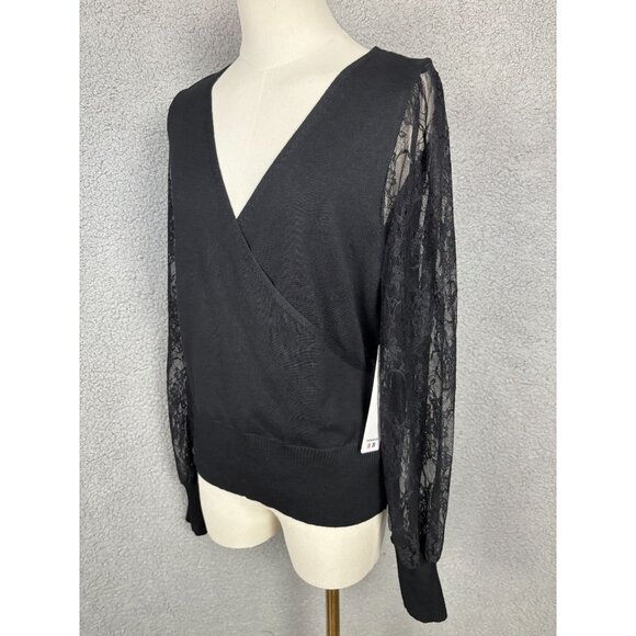 Madden Girl Juniors' Women Surplice-Neck Lace-Sleeve Sweater Black Size XL NWT's - Picture 3 of 8
